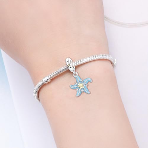 925 Sterling Silver Charms Bead for Bracelets Necklaces, Star Moon Crescent Sun Solar Pendent, Blue Ocean Starfish Shells Turtle Crab Starry Sea Cute Jewelry Birthday Gifts for Women Men - style: Starfish charms