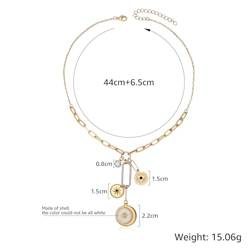Charm Necklace for Women Gold Evil Eye Sun Moon Flower Coin Pendant Necklace Dainty Paperclip Chain Vintage Luck Amulet Choker Necklaces Celestial Jewelry Gift - style: Shell Coin, Moon