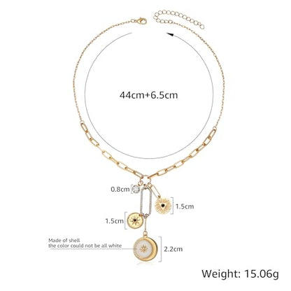 Charm Necklace for Women Gold Evil Eye Sun Moon Flower Coin Pendant Necklace Dainty Paperclip Chain Vintage Luck Amulet Choker Necklaces Celestial Jewelry Gift - style: Shell Coin, Moon