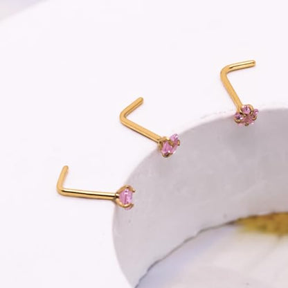 3 Pcs 14K Gold Filled Nose Studs 20G Stainless Steel Stud Nose Ring 2mm/2.5mm/3mm Round CZ L Bend Nose Stud Hypoallergenic Nose Piercing - color: pink L