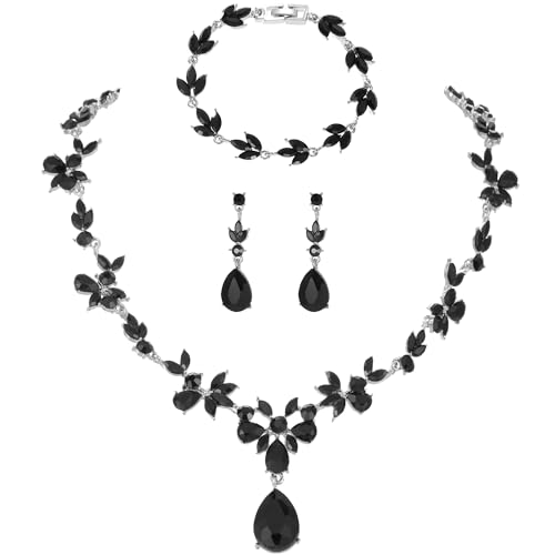 Kamirola Bridal Jewelry Set, Jewelry Set for Women, Necklace Dangle Earrings Bracelet Set, White Gold Plated (TR76) - color: Black (3 Pack)