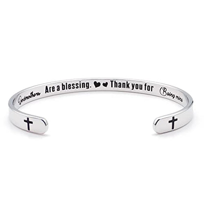 Dczosily Inspirational Bracelets for Women Stainless Steel Cuff Bracelet Engraved Jewelry Motivational Bangles Personalized Gifts for Best Friend/Mom - style: Christian-Godmothers Are a blessing. Thank you for Being mine