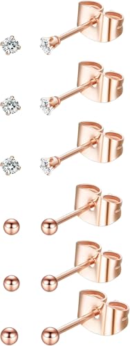 6Pairs 2mm/3mm Surgical Steel Hypoallergenic Piercing Studs, 20G 14K Real Gold Filled Tiny Stud Earrings Set for Multiple Hole Piercing (Cubic Zirconia, Pearl, Ball) - style: R : 3MM, Rose Gold, Ball&CZ, 6 Pairs