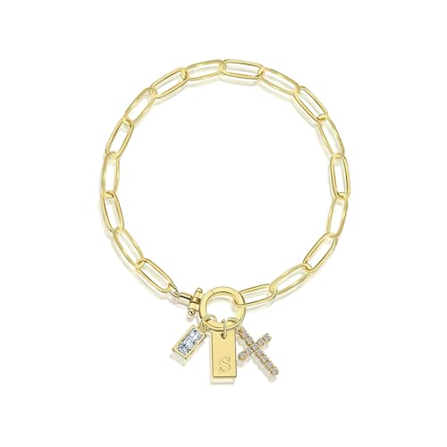 Initial Cross Charm Bracelet, 18K Gold Plated Dainty Paperclip Link Chain Bracelets for Women, Non Tarnish, A-Z Letter Bracelet Personalized Gifts Gold Jewelry for Women - color: Letter-S