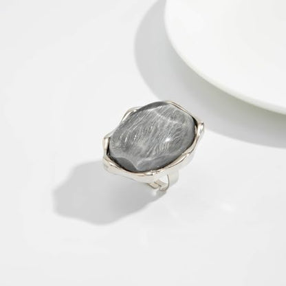 Irregular Large Resin Open Statement Rings for Women Boho Chunky Oval Finger Charm Ring Adjustable Geometric Enamel Teardrop Cocktail Ring Jewelry - color: Grey
