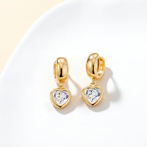 Gold Dangle Earrings for Women 14K Gold Plated Chunky Huggie Hoops Drop Earring Trendy Cubic Zirconia Diamond Crystal Round Teardrop Heart Charm Hypoallergenic Statement Jewelry Gifts - color: gold-heart CZ
