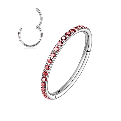 MissNity 20G, 18G, 16G, 14G Hinged Nose Rings Hoop with Gem in 316L Surgical Steel, Septum Clicker Cartilage Earrings Conch Daith Helix Rook Ear Lobe Piercing Jewelry, Diameter 6mm to 12mm - color: 15: Steel - Red CZ