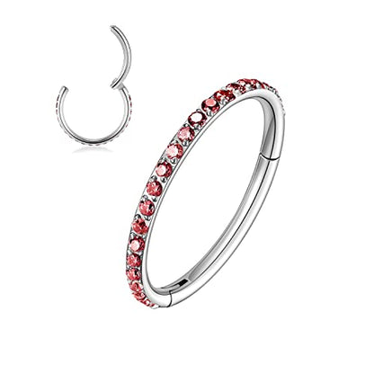 MissNity 20G, 18G, 16G, 14G Hinged Nose Rings Hoop with Gem in 316L Surgical Steel, Septum Clicker Cartilage Earrings Conch Daith Helix Rook Ear Lobe Piercing Jewelry, Diameter 6mm to 12mm - color: 15: Steel - Red CZ