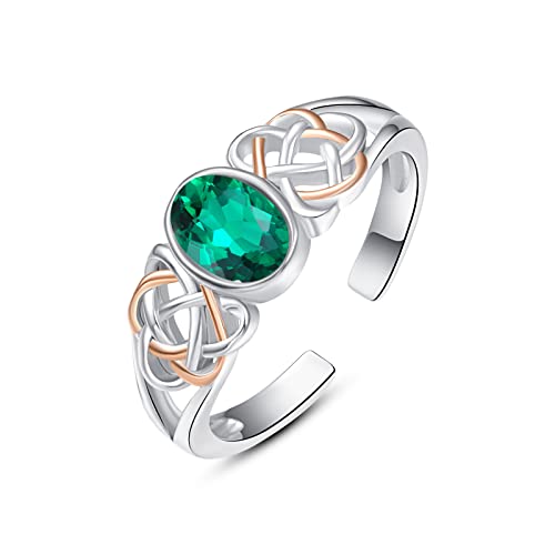 PRAYMOS 925 Sterling Silver Ring Birthstone Ring Turquoise Moss White Opal Ring for Women Celtic Knot Open Adjustable Thrumb Ring - color: Green Emerald