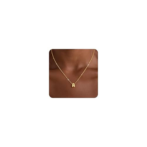 Initial Necklaces for Women, 14K Gold Plated Dainty Bubble Letter Necklace A-Z Name Pendant Necklace for Women Trendy Gold Jewelry Personalized Gifts - color: A