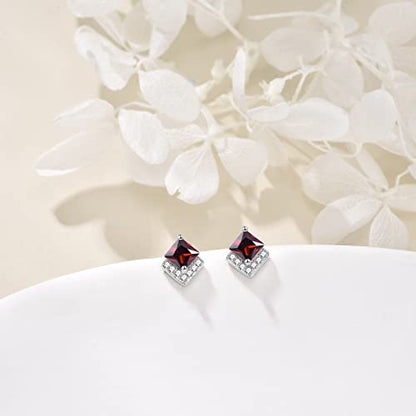 Birthstone Stud Earrings Sterling Silver Square Created Crystal Earrings Cubic Zirconia Hypoallergenic Piercing Jewelry Small Gifts for Women Mothers - color: Jan-Granet