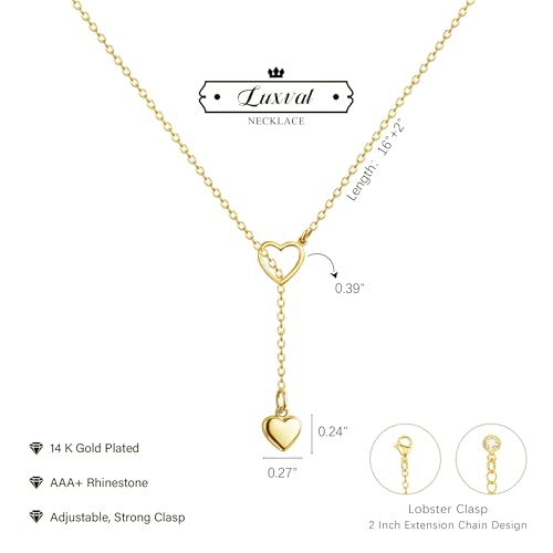 Luxval Lariat Gold Necklace for Women, Dainty Long Necklace 14k Gold Plated/Silver Y-Shaped Pendant Necklaces Trendy Beaded Chain Drop Necklaces Jewelry for Women Gifts - color: Gold-Double Heart
