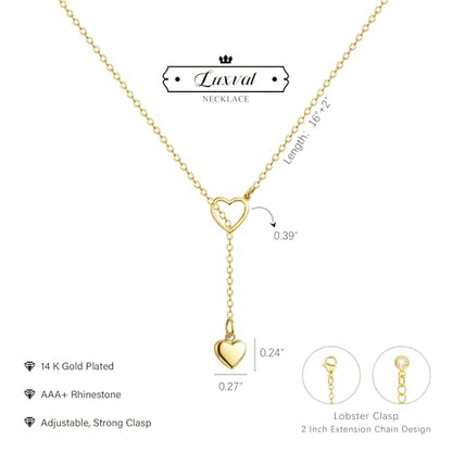 Luxval Lariat Gold Necklace for Women, Dainty Long Necklace 14k Gold Plated/Silver Y-Shaped Pendant Necklaces Trendy Beaded Chain Drop Necklaces Jewelry for Women Gifts - color: Gold-Double Heart