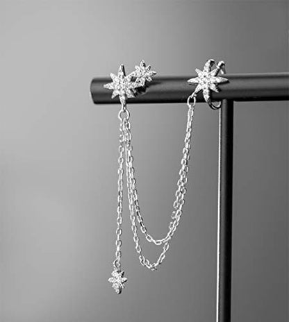 SLUYNZ 925 Sterling Silver Fashion Star Cuff Earring Chain for Women Star Crawler Earring Wrap Earrings - color: One Earring(Left)-A-Silver