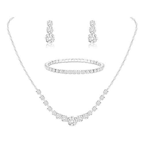 Jstyle Silver Jewelry Set for Women Sparkly Crystal Wedding Accessories | Wedding Jewelry Set for Bride Bridesmaids, Rinstone Necklack Bracelet Earring Set, Jewelry Gifts for Prom Party Birthday - color: Silver Plated 1