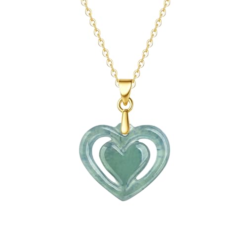 Real Green Jade Pendant Necklace for Women Donut/Heart/Clover/Teardrop/Rose/Lotus Flowers Genuine Jadeite Jewelry with Gold Plated 925 Sterling Silver Chain - style: Heart with yellow gold plated silver necklace