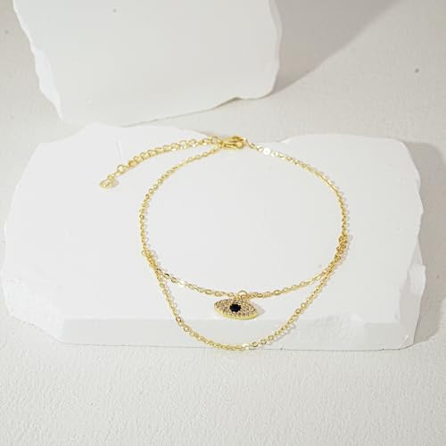 Bheop Ankle Bracelets for Women 14K Gold Silver Plated Waterproof Anklets | Evil Eye Pearl Heart Conch Shell Charm, Boho Adjustable Foot Chain, Dainty Summer Beach Jewelry Gifts, Non Tarnish - color: GD-Layered Evil Eye