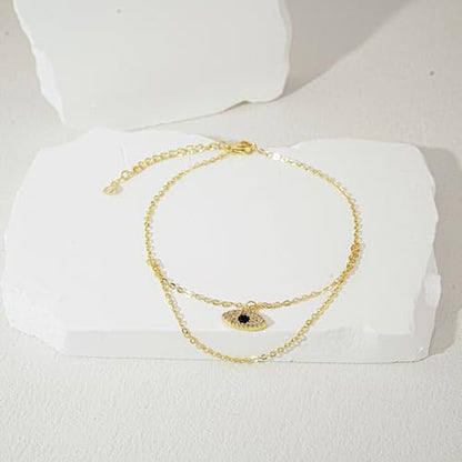Bheop Ankle Bracelets for Women 14K Gold Silver Plated Waterproof Anklets | Evil Eye Pearl Heart Conch Shell Charm, Boho Adjustable Foot Chain, Dainty Summer Beach Jewelry Gifts, Non Tarnish - color: GD-Layered Evil Eye