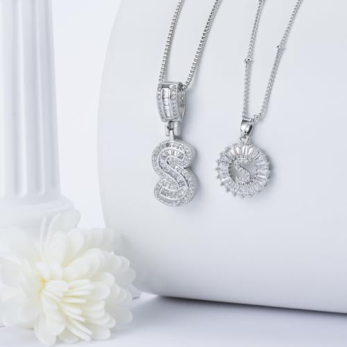 14K Gold Plated Alphabet Necklace Cubic Zirconia Letter Pendant, Personalized Name Jewelry Gift for Women, Customizable A-Z, Birthday/Mothers Day Gifts for Womens - color: White Gold, style: Style-S
