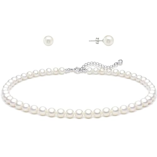 Zeffy Pearl Necklace 4MM/6MM/8MM Dainty Round Imitation Pearl Choker Necklace Wedding Pearl Necklace Delicate Jewelry for Women Simple Bridesmaid Jewelry Gifts - style: Pearl Necklace + Earrings
