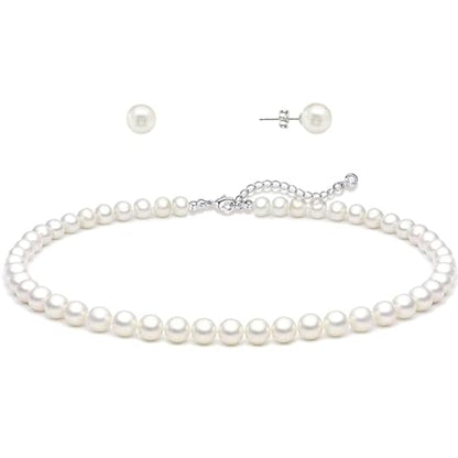 Zeffy Pearl Necklace 4MM/6MM/8MM Dainty Round Imitation Pearl Choker Necklace Wedding Pearl Necklace Delicate Jewelry for Women Simple Bridesmaid Jewelry Gifts - style: Pearl Necklace + Earrings