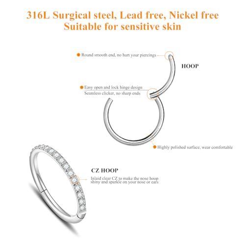 MissNity 316L Surgical Steel Hinged Nose Rings Hoop 20G 18G 16G 14G, Diameter 6mm to 10mm, Color Gold - Rose Gold - Silver - Black - Rainbow - color: D31: Silver & clear cz - 2pcs