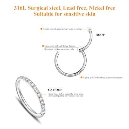 MissNity 316L Surgical Steel Hinged Nose Rings Hoop 20G 18G 16G 14G, Diameter 6mm to 10mm, Color Gold - Rose Gold - Silver - Black - Rainbow - color: D31: Silver & clear cz - 2pcs