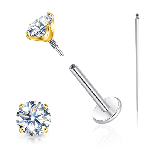 Limerencia Moissanite Internal Thread 18G Titanium Earrings, Hypoallergenic F136 Titanium Flat Back Piercing Studs, VVS1 Lab-created Moissanite Studs for Women Men Tragus Helix Cartilage Conch Labret - color: Gold, size: 4mm-0.6ct(0.3ct Each)