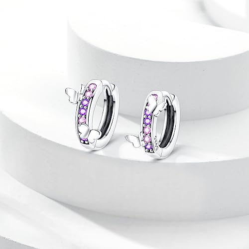 Parmuz 925 Sterling Silver Butterfly Huggies Hoop Earrings for Woman | Gold Plated Cubic Zirconia Star Moon cross Twisted huggie Hoop Post Chunky Small Tiny cuff Snake Heart Earring Gift for Her - color: purple butterfly earring