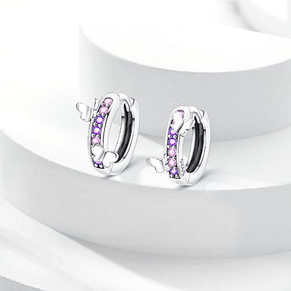 Parmuz 925 Sterling Silver Butterfly Huggies Hoop Earrings for Woman | Gold Plated Cubic Zirconia Star Moon cross Twisted huggie Hoop Post Chunky Small Tiny cuff Snake Heart Earring Gift for Her - color: purple butterfly earring