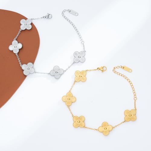 Waterproof Four-Leaf Clover Bracelet,Adjustable Link Double Sided Jewelry, Lovely Fashion Jewelry Gift for Women - color: Gold bracelet + silver bracelet