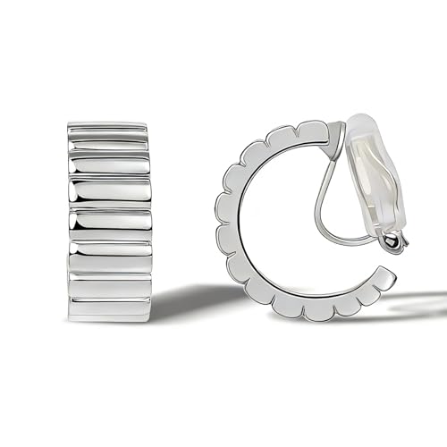 FAN&LOUIS Gold Silver Clip On Hoop Earrings, 14K Chunky Gold Small Hoops Lightweight Clip-On Earrings for Women Trendy│Chic Boho Ribbed Croissant Scallop Statement Clip Earrings Teen Gifts - style: Silver