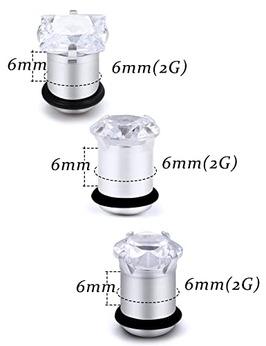 8G 6G 4G 2G 0G 1/2 inch Stainless Steel Ear Gauges - Round, Square, Heart, Cubic Zirconia - 3mm to 12mm - Silver, 3 Pairs - color: Gauge=2g=6mm