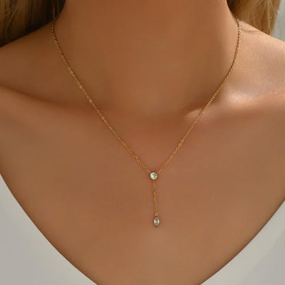 Cubic Zirconia Necklaces for Women 18K Gold Plated Tear drop Necklace Dainty Layered CZ Lariat Diamond Necklace - color: Diamond Y Shaped-Gold
