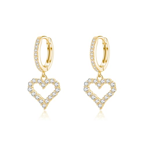 SLUYNZ 925 Sterling Silver CZ Sweet Love Hoop Earrings for Women Teens Hollow Heart Huggie Earrings Drop - color: B-Yellow