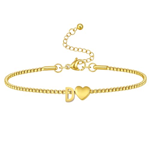 Gold Initial Bracelet for Women Dainty Personalized Name Bracelet | 14K Gold Plated, Letter A-Z Bracelet, Tiny Gold Initial Cute Heart Bracelet Jewelry Gift - color: D