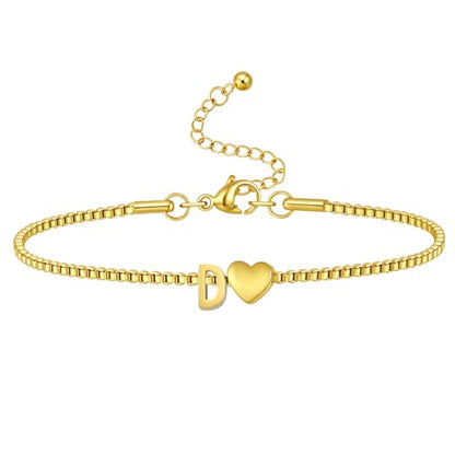 Gold Initial Bracelet for Women Dainty Personalized Name Bracelet | 14K Gold Plated, Letter A-Z Bracelet, Tiny Gold Initial Cute Heart Bracelet Jewelry Gift - color: D