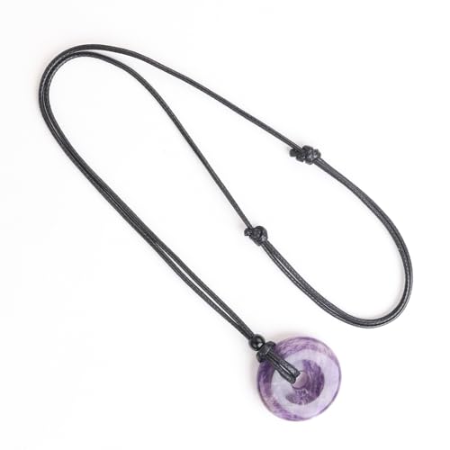 FANASY Natural Gemstone Pendant Necklce Lucky Coin Crystal Necklace Protection Donut Pendnat with Adjustable Rope for Men Women - color: Amethyst