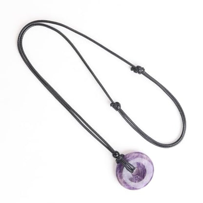 FANASY Natural Gemstone Pendant Necklce Lucky Coin Crystal Necklace Protection Donut Pendnat with Adjustable Rope for Men Women - color: Amethyst