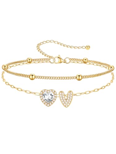 PROSTEEL Initial Ankle Bracelets for Women Waterproof, A-Z Gold/Silver Layered Anklets Adjustable, Summer Beach Gift Jewelry - color: Gold, size: V