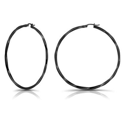 Hoops & Loops 925 Sterling Silver Twisted Hoop Earrings for Women - Hypoallergenic 14K Gold, Rose Gold, Black Flash Plated 2mm Thin Twist Design Round Click-Top Hoops, 15/20/25/30/35/40/50/60mm - color: Black-60mm(2.36 inch)