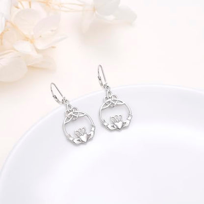 S925 Sterling Silver Celtic Knot Earrings for Women Irish Good Luck Drop Dangle Hook Earrings - style: Dangle Leverback - Heart Celtic Claddagh