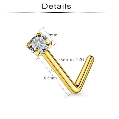 20Pcs Nose Rings Studs Surgical Steel L-Shape Nose Rings for Women 1.5mm 2mm Cubic Zirconia Nose Screw Studs Hypoallergenic Nose Piercings Jewelry 24g 22g 20g 18g - color: L-shape,goldtone, size: 22g,2mm CZ