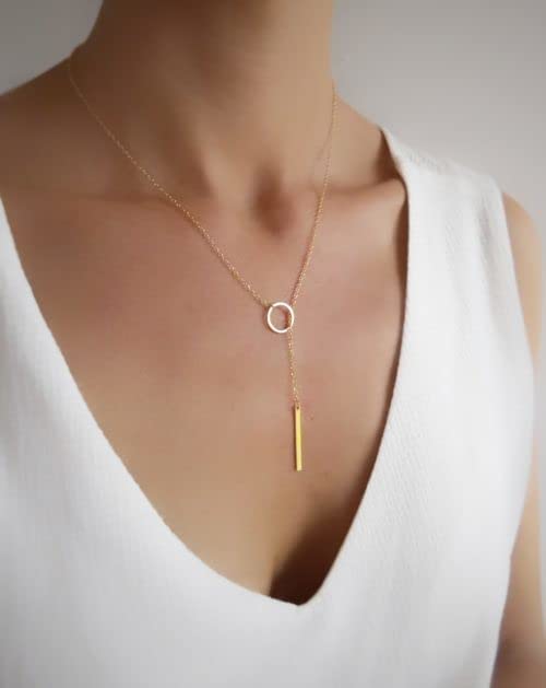 itianxi Gold Tiny Y Shaped Dainty Necklace 18K Gold Plated Cute Bar Vertical Lariat Necklace for Women - color: circle gold