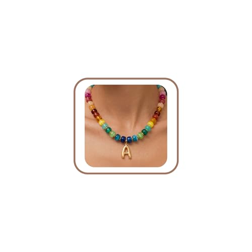 Chunky Beaded Bubble Initial Pendant Necklace Jewelry for Women | Big Large Bead Choker Letter Necklace Summer Beach Beachy Womens Statement Charm Gifts - color: Colorful A
