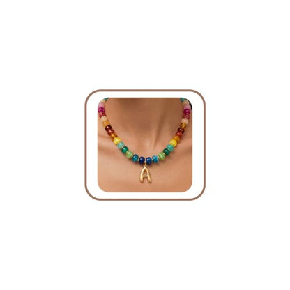 Chunky Beaded Bubble Initial Pendant Necklace Jewelry for Women | Big Large Bead Choker Letter Necklace Summer Beach Beachy Womens Statement Charm Gifts - color: Colorful A