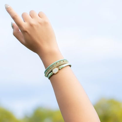 FANCY SHINY Crystal Beaded Leather Wrap Bracelet Stackable Boho Jewelry for Women Resin Stone Bangle Cuff with Magnetic Clasp - color: Green
