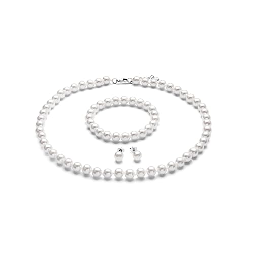 8mm Faux Pearl Necklace Set, Bracelet Earrings for Women & Girls | Glass Material, Handmade Jewelry Detail, Party & Formal Event Style - style: White 14.5 inches