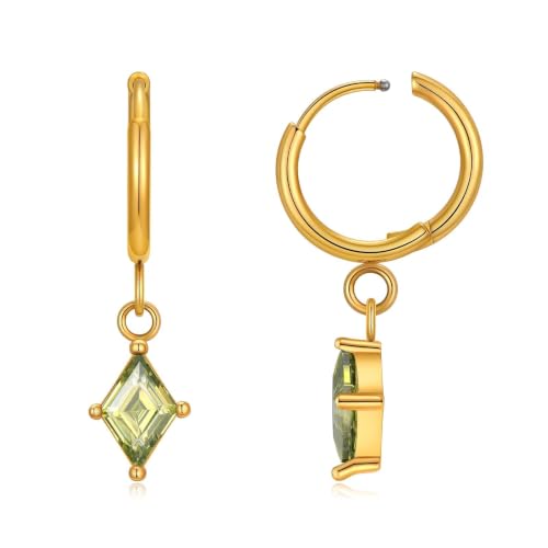 Surgical Steel Hoop Earrings for Women - Hypoallergenic Small Cartilage Huggies with Cubic Zirconia Dangle - color: Olive Green-18K Gold Plated