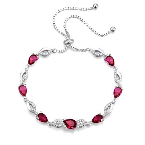 FANCIME Birthstone Teardrop Tennis Bracelet for Women, Sterling Silver 9x7mm main Gemstone Bolo Adjustable Chain Bracelet Fine Jewelry Birthday Gifts for Women Mom Wife Her - color: 07-Ruby